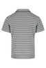 A grey polo shirt with horizontal stripes and a collar, featuring a logo on the upper back.