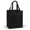 A black shopping bag with two handles and a front pocket. The bag has a simple design and a sturdy appearance.