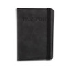 A black passport wallet featuring a secure elastic band and embossed "PASSPORT" detail on the front.