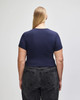 A navy blue fitted crop T-shirt with short sleeves, showcasing a simple design from the back.