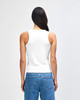 A white fitted tank top displayed from the back, featuring a simple design and a branding logo.