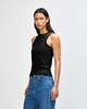 A fitted black tank top with a sleek design, featuring a logo, worn with blue jeans.