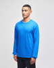A long-sleeve t-shirt in bright blue, featuring a logo and a relaxed fit.