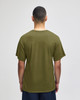 An olive green short sleeve t-shirt viewed from the back, featuring a logo on the upper area.