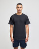 A dark grey adult jersey short sleeve t-shirt with a logo on the sleeve, worn by a male model.