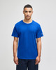 A blue short sleeve t-shirt featuring a logo on the sleeve.