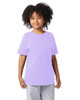 A youth short sleeve t-shirt in a light purple hue, displayed on a child, featuring a simple design and a logo.