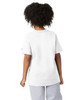 A white short sleeve youth jersey t-shirt with a logo, viewed from the back, worn with grey pants.