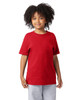 A red short sleeve T-shirt for youth, featuring a classic design and a logo on the front.