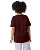 A burgundy short sleeve t-shirt with a logo, displayed from the back on a person.