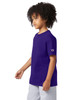 A purple short sleeve jersey t-shirt for youth, featuring a branding logo on the sleeve.