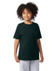 A youth short sleeve t-shirt in dark green, featuring a simple design and a logo. Styled with grey shorts.
