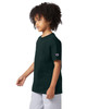 A youth short sleeve t-shirt in dark green with a logo on the sleeve, displayed on a model.