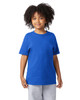A blue short sleeve t-shirt for youth, featuring a simple design and a logo.