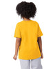 A yellow short sleeve t-shirt with a logo, viewed from the back on a person with curly hair.