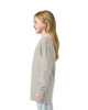 A grey long sleeve youth T-shirt featuring a logo, displayed on a model from the side.