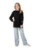 A youth model wears a black long sleeve t-shirt paired with light blue jeans. The shirt features a logo.