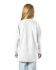 A white long sleeve youth t-shirt, featuring a simple design and relaxed fit, viewed from the back.