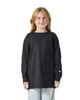 A youth long sleeve T-shirt in black, featuring a logo, worn by a girl with long hair.