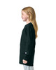 A long sleeve youth t-shirt in black, displayed on a model in profile, featuring a logo on the sleeve.
