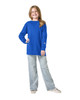 A blue long sleeve T-shirt worn by a smiling girl paired with light blue jeans and sneakers. The shirt features a logo.