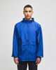 A blue full-zip anorak jacket with a hood, featuring a logo and a front pocket.