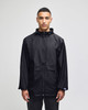 A black full-zip anorak jacket with a hood, featuring a front pocket and a logo.