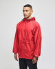 A red full-zip anorak jacket with a hood, featuring long sleeves and a logo.