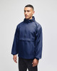 A navy rain jacket with a hood and front pocket, featuring a logo on the sleeve.