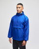 A blue packable anorak jacket with a hood, long sleeves, and a front pocket, featuring a logo.