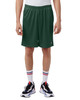 Green mesh sports shorts with pockets, featuring an elastic waistband and a logo. Suitable for active wear.
