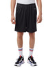 Black mesh shorts with pockets, featuring an elastic waistband and a logo, worn with sneakers and striped socks.