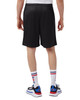 Black mesh sports shorts with pockets, featuring a logo, viewed from the back. Suitable for athletic wear.