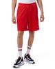 Red mesh sports shorts with pockets, featuring an elastic waistband, worn with sporty socks and shoes.