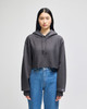 A grey cropped hoodie with a drawstring hood, featuring long sleeves and a logo on the cuff, worn with blue jeans.