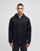 A black full-zip hooded sweatshirt with a front zipper and a logo on the sleeve.