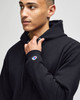 A black Champion Powerblend® adult full-zip hooded sweatshirt featuring a logo on the sleeve.