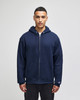 A navy blue full-zip hooded sweatshirt with a front zipper and a logo on one sleeve.