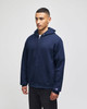 A navy hooded sweatshirt with a full zip, featuring a front pocket and a logo on the sleeve.