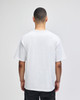 A plain white adult t-shirt, shown from the back, features a relaxed fit and a simple design.
