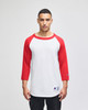 A white and red Champion Adult Raglan Baseball T-Shirt with three-quarter sleeves and a logo.