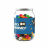 A clear canister filled with assorted jelly beans in vibrant colours, featuring a blue label with a logo.