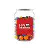 A clear jar filled with colourful M&M's in various shades, featuring a distinct logo on the front.