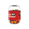 A clear jar filled with colourful M&M's, featuring a logo and vibrant illustrations on the label.