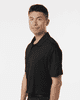 A black men's polo shirt with a collar displayed on a model, featuring a logo on the upper left side.