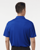 A blue men's polo shirt with short sleeves and a back view. It features a logo on the upper back.