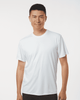 A white men's performance T-shirt featuring short sleeves and a fitted design, with a logo on the chest.