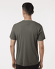 A men's performance T-shirt in a dark green colour, featuring a logo, viewed from the back.