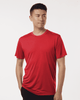 A red men's performance t-shirt displayed on a model, featuring a branded logo.