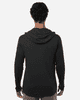 A men's hooded T-shirt in black, featuring long sleeves and a back view. The shirt has a logo.
